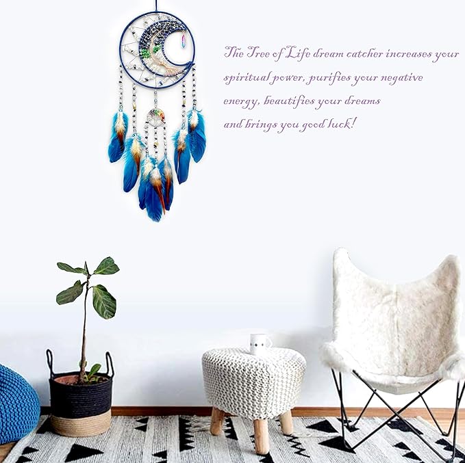 Tree of Life Dream Catchers, Handmade Woven Rainbow Healing Crystal Stone Dream Catcher Wall Hanging Ornament for Bedroom Living Room Wedding Party Decor, Festival Blessing Gift (Blue Moon)