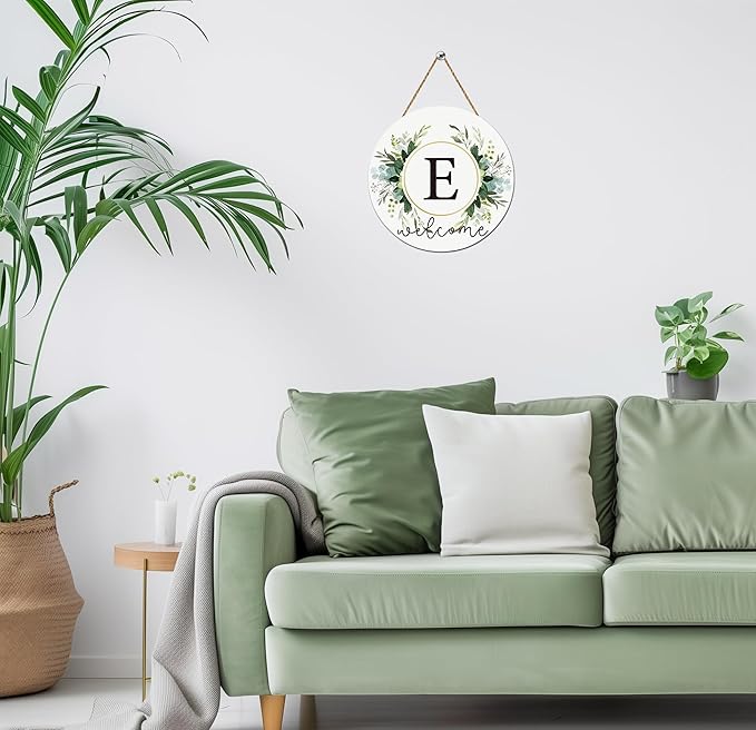 Monogram Letter E Wreaths for Front Door Wreath Wooden Welcome Sign for Front Door Decor Floral Family Last Name Initial House Warming Spring Summer Porch Rustic Wall Home Kitchen Boho Decorations