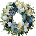 22" Spring Flower Wreath for Front Door Summer Wreaths with Sunflowers Roses Gardenias, Artificial Floral Green Foliage Wreath for Wall Window Farmhouse Party Holiday Home Decor（White Blue）