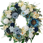 22" Spring Flower Wreath for Front Door Summer Wreaths with Sunflowers Roses Gardenias, Artificial Floral Green Foliage Wreath for Wall Window Farmhouse Party Holiday Home Decor（White Blue）