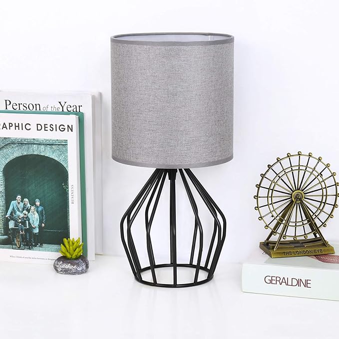 HAITRAL Farmhouse Table Lamp - Small Nightstand Lamp for Bedroom, Black Metal Cage Table Lamp for Living Room, Dorm, Office with Hollowed Out Base, Gray