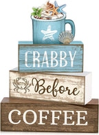 Lineshading 4 Pcs Summer Table Decorations Wooden Beach Coffee Decor Summer Tiered Tray Decor Farmhouse Crabby Before Coffee Crab Block Signs Gifts for Beach Nautical Party Home Office Decorations