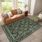 Vintage Botanical Dark Green Area Rug 6x9 Elegant Floral Pattern, Durable Stain-Resistant Fabric, Perfect for Living Room, Bedroom, Dining Room Decor