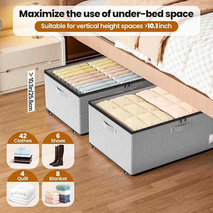 Dayacoco Underbed Storage with Wheels, 2 Pack Under Bed Storage Containers with Clear Lids, No Assembly Required 10.1 inch Rolling Under Bed Storage for Clothes, Grey