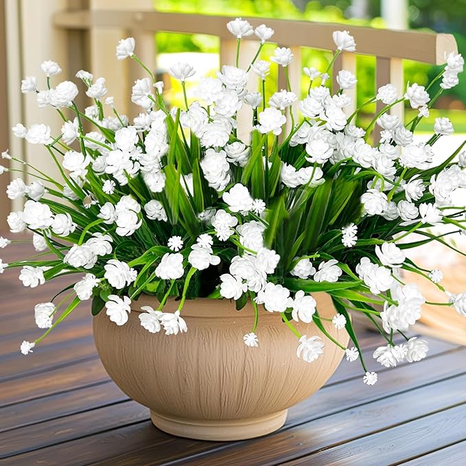 12 Bundles Artificial Flowers for Outdoors Spring Decor, Realistic UV Resistant Fake Plants Faux Plastic Flowers for Outside Planter Home Gardens Patio Porch Yards Cemetery Summer Decor(White)