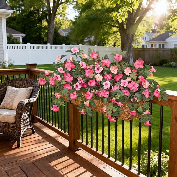 Artificial Fake Petunia Flowers for Outdoor Decoration, 2PCS Faux Silk Petunias Flower for Spring UV Resistant No Fade Realistic Plants for Garden Balcony Yard Porch Indoor Decor(Double Pink)
