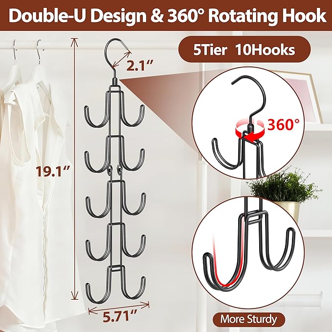 Hat Hangers for Closet, Collapsible Hat Organizer with 10-Hook, Stainless Steel Hat Holder, 360° Rotating Hat Storage Rack for Baseball Caps