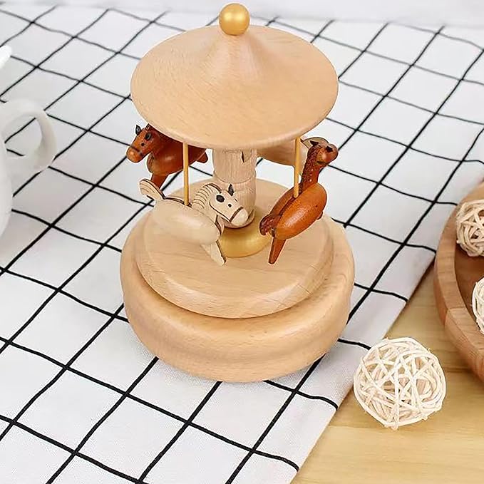 Natural Solid Wood Handcrafted Beech Wooden, Musical FigureTotoro/Carousel/Fairy/Ballerina Figurine,Rotating Hand Crank Mechanism Music Box,Musical Decorations (Merry-go-Round)