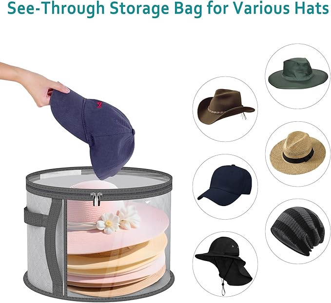Clear Hat Storage Bag with Carrying Handles - 16.5" Large Closet Organizer for Baseball Caps, Cowboy Fedoras or Sun Hats (Grey)