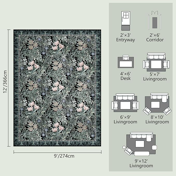 Washable Area Rugs 9x12 Black Green Vintage Floral Botanical Pattern,Perfect for Living Room, Bedroom, Kids Room, Nursery - Stain & Water Resistant Non-Slip, Pet & Child Friendly/Bedroom Decor