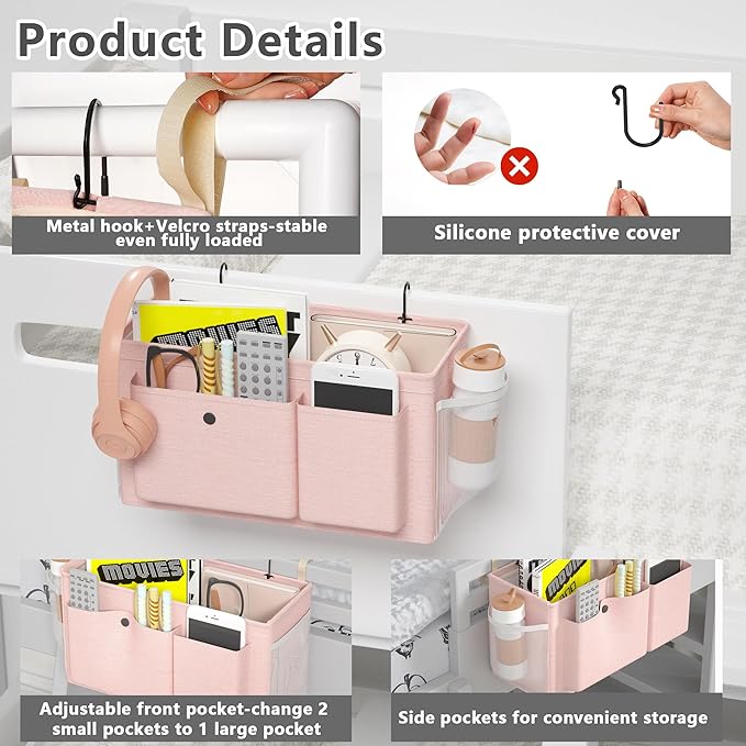 Edudif Bedside Caddy Bedside Organizer with Fixed Straps & Water Bottle Holder, Bunk Bed Caddy ideal for Home, Dorm, Hospital, Crib, Versatile Bedside Storage Solution