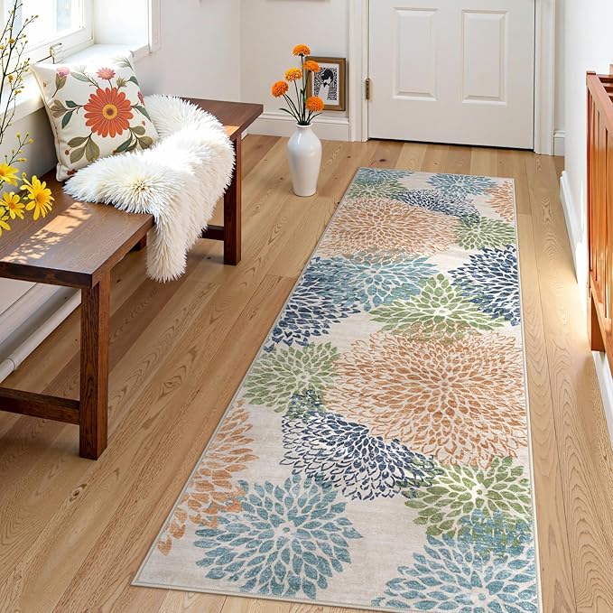 Dahlia Floral Washable Runner Rug for Hallway,2x6 Boho Multicolored Kitchen Runner Rug, Non Slip Fall Low Pile Carpet Runners for Hallway 6ft Bedroom Entryway Laundry,Multi