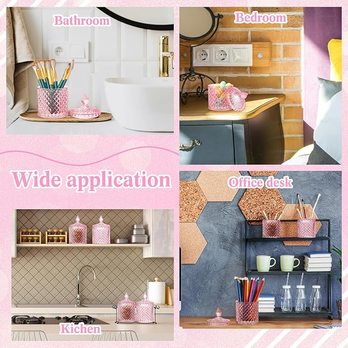 Aoriher 4 Pcs Crystal Glass Candy Jar Set with Lids Home Decorative Storage Jars for Apothecary, Bathroom, Kitchen, and Pantry, Ideal for Cotton Swabs and Jewelry (Large,Pink)