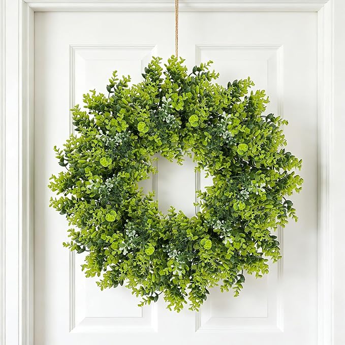Large Boxwood Wreath for Front Door, 28" Artificial Spring and Summer Greenery Wreathwith White Flower Buds, All-Season Home Decor for Walls, Windows, Parties, Weddings, Indoor Outdoor