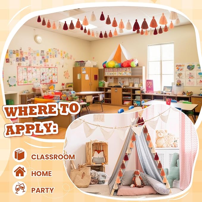WILLBOND 4 Pieces Valentine's Day Tassel Garland for Classroom Wall Decor Boho Pastel Garland Cotton Tassel Banners for Party School(3.1 Inch,Boho Colors)