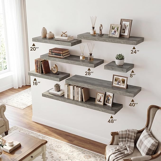 RICHFOCUS 20Inch Floating Shelves for Wall 2 Pack Shelves for Bedroom|Kitchen|Bathroom|Laundry Room Rustic Wood Wall Mounted Shelf with Invisible Brackets for Books|Storage|Decor, Grey
