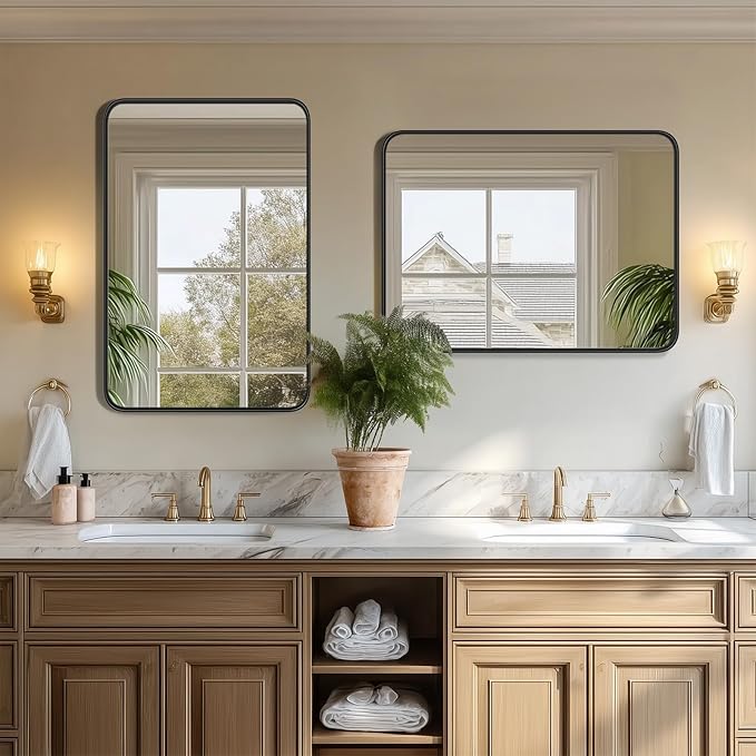 Sweetcrispy Bathroom Mirror 30x22 Inch Black Metal Framed Rounded Rectangle Vanity Mirror for Wall, Over Sink, Farmhouse, Restroom, Anti-Rust, Modern Decorative, Horizontal or Vertical Hanging