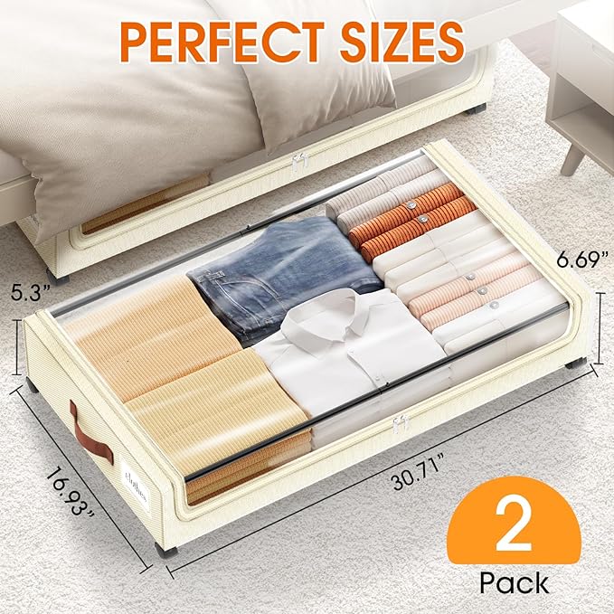 Under Bed Storage with Wheels 2Pack Underbed Storage with Clear Window&Label Under Bed Drawers Large Capacity Rolling Under Bed Storage for Clothes,Shoes, Blankets (Beige)