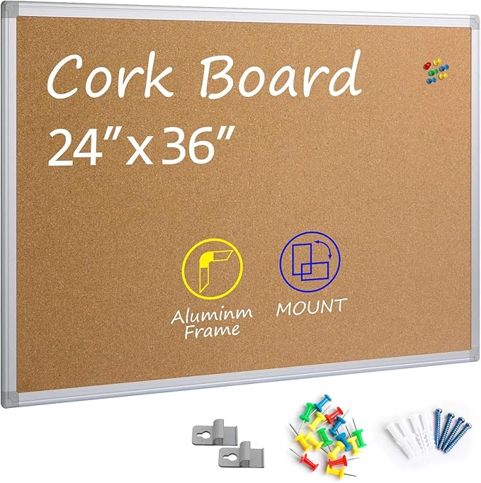 Cork Board Bulletin Board 24 x 36, Silver Aluminium Framed 2x3 Corkboard, Office Board for Wall Cork, Large Wall Mounted Notice Pin Board