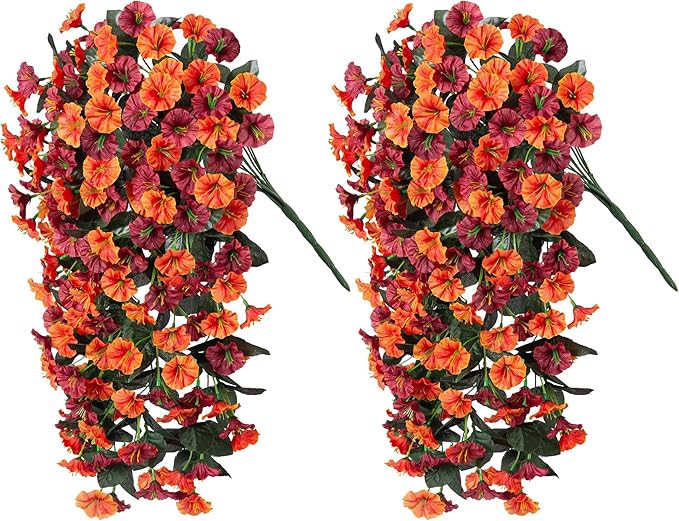 Fall Artificial Flowers for Outdoors Decoration, 2PCS Fake Hanging Plants Faux Realistic Silk Morning Glory Long Vines UV Resistant for Autumn Outdoor Porch Patio Balcony Yard Planter, Brown