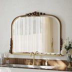 Wall Beaded Mirror, 36 x 27 Inch Round Top Right Angle Wall Mirror, Tempered Glass, Rust Resistant, Horizontally or Vertically Hanging, Gold