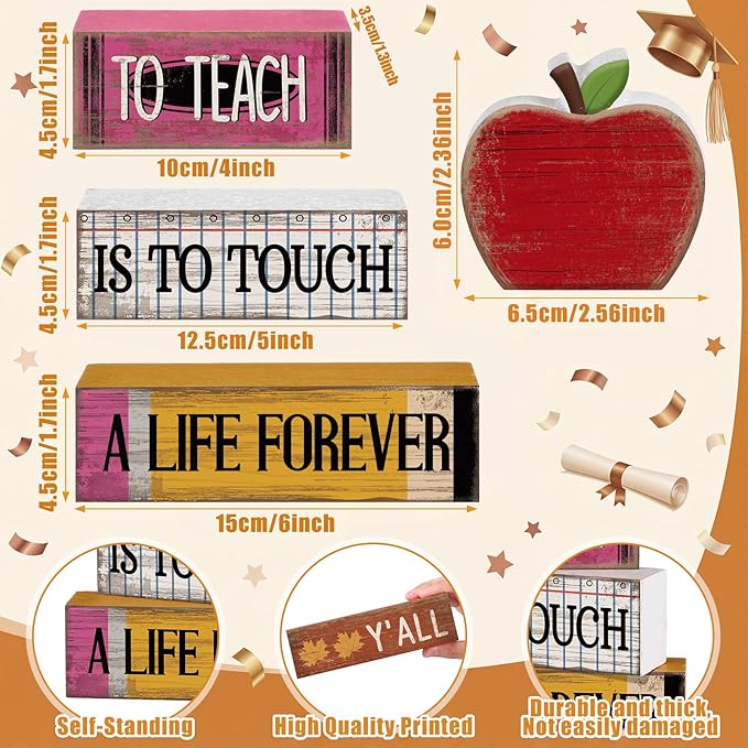 Moucuny 4 Pcs Teacher Appreciation Gift Retro Red Wooden Apples Decor Wooden Stacked Block Set, "to Teach is to Touch a Life Forever" Signs with Apple Topper, Rustic Classroom Decor for Home Desk