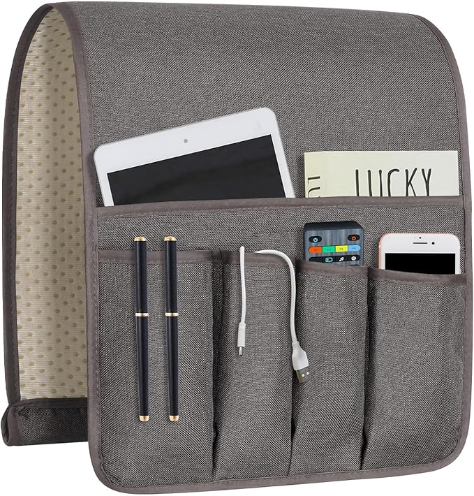 NB Remote Control Holder，Bedside & Armchair & Couch Caddy with Non-Slip Base，5 Pockets Oxford Fabric Bed Desk Storage Pocket for Phone Tablet Kindle Magazines，Gifts for Seniors (Dark Grey, 35"X12.4")