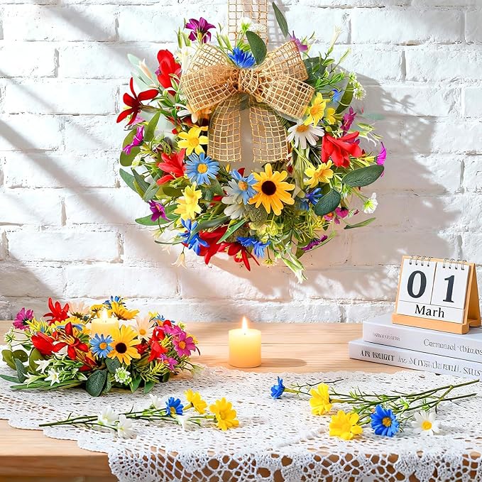 4 PCS 9'' Mini Floral Kitchen Cabinet Wreath Small Artificial Spring Summer Wreath for Front Door with Burlap Ribbon Sunflowers Daisy Butterfly Hanging Farmhouse Wreaths for Porch Wall Window Decor