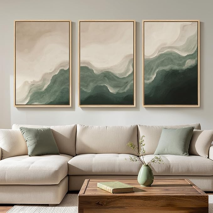 Large Framed Green and Beige Abstract Wall Art for Living Room, 3 Piece Modern Neutral Canvas Prints Paintings Artwork for Walls, Minimalist Abstract Pictures for Hallway Bedroom Wall Decor 24x36 In