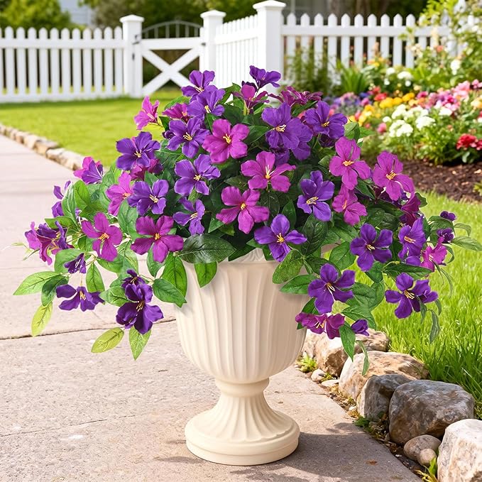 Homsunny Artificial Fake Flowers Plants Outdoor, 2PCS Realistic Faux Silk Flowers UV Resistant Fake Outdoor Flowers for Spring Outside Porch Garden and Home Patio Yard Decor (Light Purple Red)