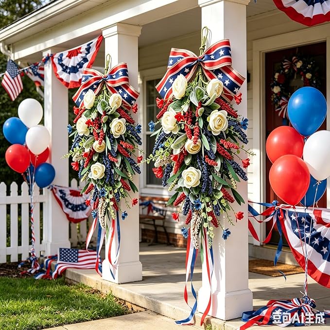 2 Pack 21'' Patriotic Teardrop Swag Wreaths for Cabinets Artificial 4th of July Swag Wreath with White Roses Red Blue Spike Flowers Eucalyptus Leaves for Independence Day Memorial Day Front Door Porch