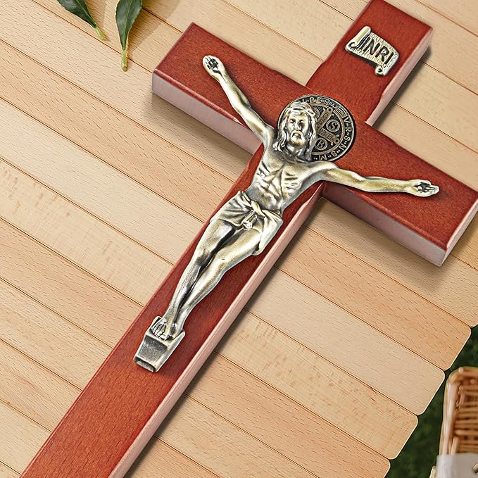 ARCHOBAN Wooden Crucifix Wall Cross Catholic with Stand, 10.7 Inch Jesus Christ Standing Cross for Wall and Table - Brown + Antique Brass