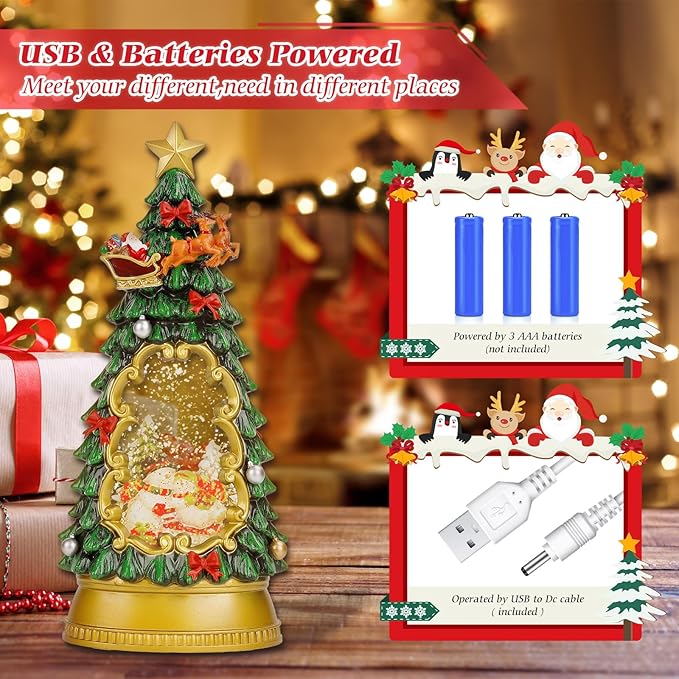Christmas Snow Globe Lantern,Christmas Decorations Indoor for Home,with 6H Timer Musical Snow Globes,Battery or USB Powered Swirling Glitter Christmas Tree Snow Globes,Gifts,Snowman Skiing
