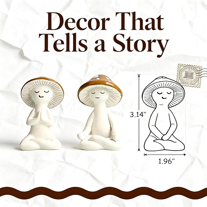 3 Pcs Mushroom Decor Figurines - Meditation Decor Statues for Living Room, Bedroom, Office - Resin Sculptures for Mindfulness Enthusiasts Home Decor Lovers Nature Lovers (White-Brown)