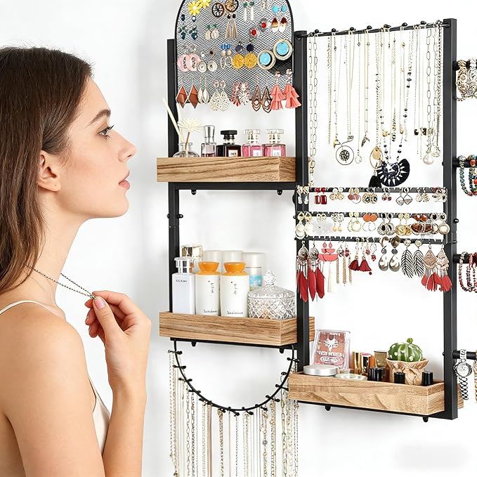 Keebofly Large Jewelry Organizer - Big Wall Mount Hanging Jewelry Holder Display for Earrings, Rings, Necklaces, Bracelets, Makeup, Perfume & Watches