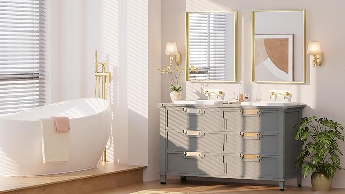 Keonjinn Gold Bathroom Vanity Mirror 28” x 36” Rectangular Wall Mirror Brushed Metal Frame Rectangle Bathroom Mirror for Over Sink Modern Farmhouse Square Corner Framed Mirror(Horizontal/Vertical)