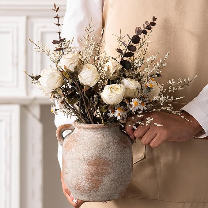 Ceramic Flower Vase Home Decor - 6 Inch Farmhouse Rustic Table Vases with Handle Living Room Decoration Decorative Vintage Pottery for Kitchen Shelf Coffee Dining Bookshelf Fireplace Centerpiece