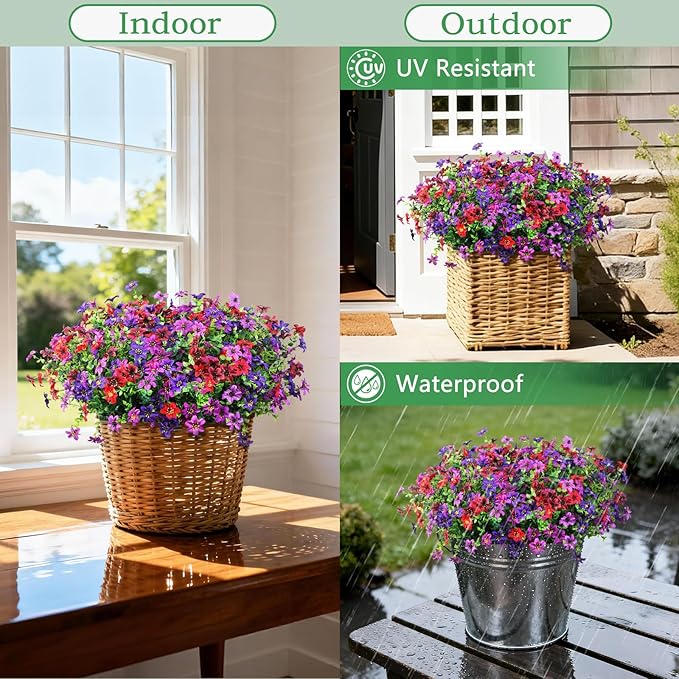 Artificial Fake Outdoor Plants Flowers for Spring Decoration, 12 Bundles UV Resistant Faux Daisy Silk Flower with Eucalyptus Stem for Outside Planters Porch Patio Yard Window Garden (Mix 4 Colors)