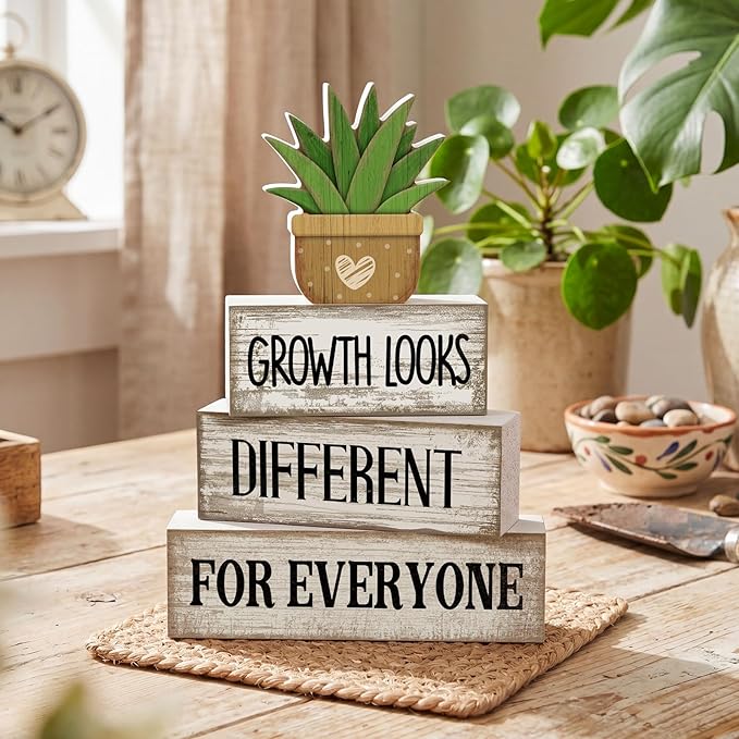 Lineshading 4 Pcs Inspirational Farmhouse Table Decor Growth Looks Different for Everyone Rustic Stacked Wooden Block Signs with Inspirational Quote Artificial Succulent for Home, Office, Shelf Gift