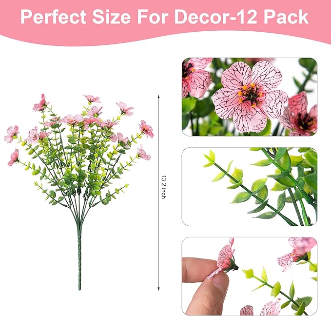 Artificial Fake Plants Flowers for Outdoor Spring Decor, 12 Bundles Faux Silk Mums for Planter Pot Colorful UV Resistant Look Real for Front Door Porch Patio Outside Yard(Purple Pink)