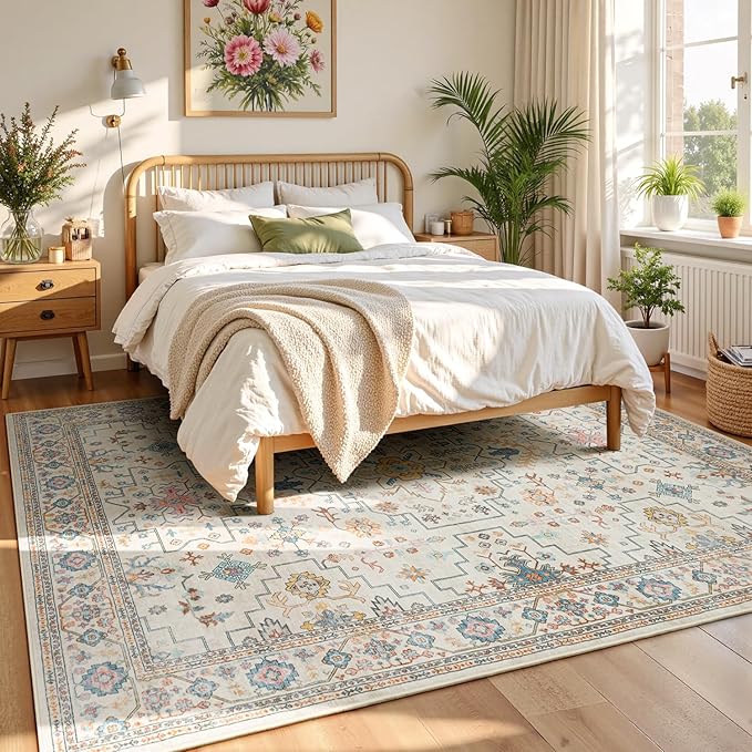 Lessymo Area Rugs 8x10 for Living Room, Soft Non-Slip Washable Rug for Bedroom Dining Home Office Nursery Room, Vintage Floral Large Carpet, Boho Colorful Pastel Farmhouse Decor, Multi/Ivory