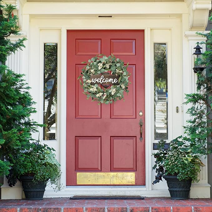 Sggvecsy Green Eucalyptus Wreath with Welcome Sign 20in Artificial Spring Summer White Berries for Front Door Wall Window Festival Farmhouse Porch Patio Garden Decor, White,green