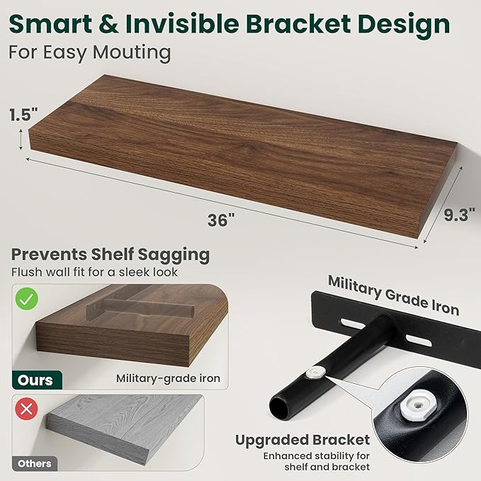 Floating Shelves for Wall 36 in x 9.3 in Deep, Wall Mounted Rustic Wood Shelf with Invisible Brackets for Storage & Display, Living Room Bedroom Bathroom, Walnut, 2 Pack