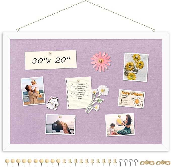 DOLLAR BOSS Bulletin Board with Linen Double-Sided 30" x 20" Linen Cork Boards for Walls Picture Display Vision Board for Office Home School Framed Picture Pin Board, 20 Pushpins 10 Clips, Purple