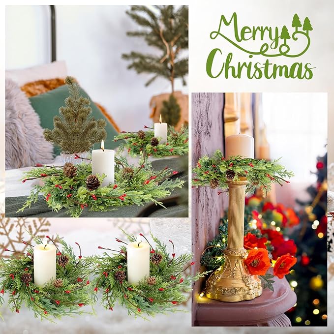 4 Pcs 9 Inch Christmas Wreaths for Kitchen Cabinet Artificial Cedar Pine Hanging Wreath with Red Berries Pine Needles for Front Door Xmas Swag Wreaths for Christmas Winter Farmhouse Home Decorations