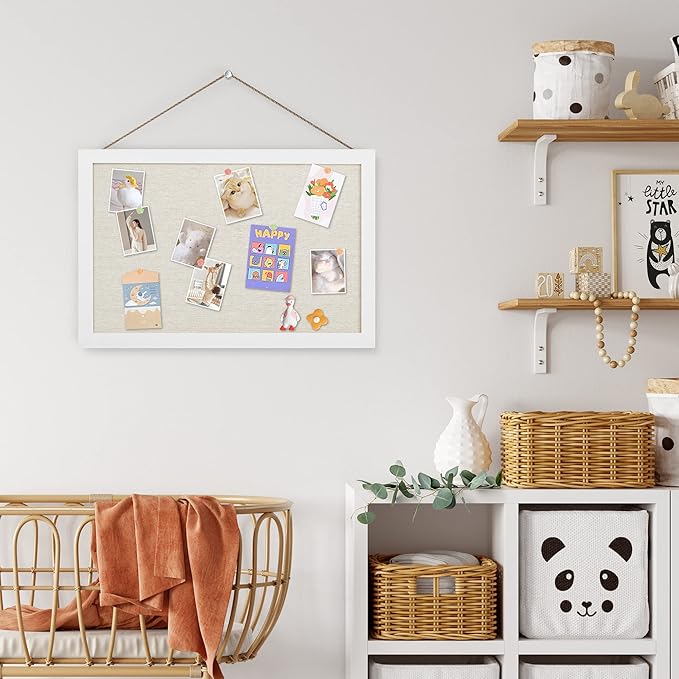 AKTOP Cork Board Bulletin Board with Linen 16.7" X 11", Small Framed Corkboard for Wall, Hanging Pin Board Picture Board for Home Office Decor, Cute Vision Board with 8 Pushpins (Vintage White)