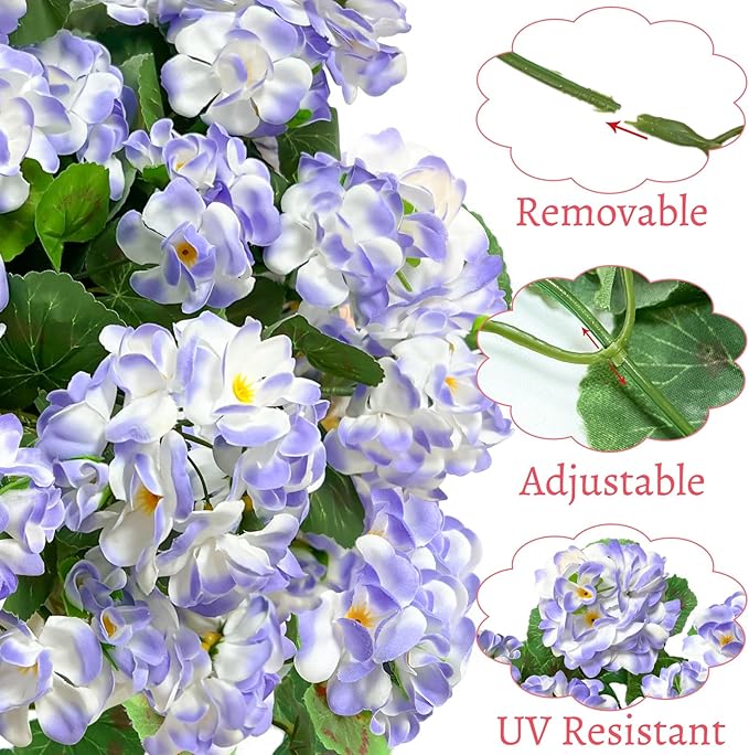 Artificial Geraniums Flowers for Outdoors Spring Decor, 4 Bundles UV Resistant Fake Geraniums Flowers Silk Faux Plants for Home Planter Gardens Table Patio Porch Indoor Cemetery Summer Decor(Purple)