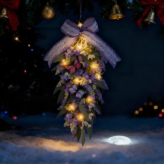 Jusdreen LED Teardrop Floral Wreath with Butterflies, Faux Lavender Hanging Decor with Lights for Farmhouse Home