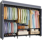 H8 Heavy Duty Clothes Rack with Cover, Covered Garment Rack with Shelves, Wardrobe Closet with Cover, Portable Closet Organizer Storage, Black Clothing Rack with Grey Cover