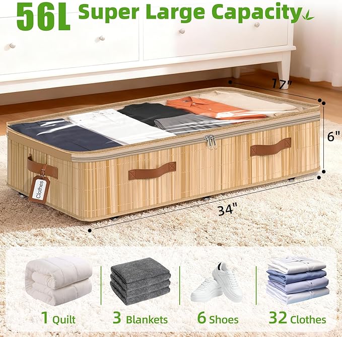 Livole 2 Pack Bamboo Under Bed Storage with Wheels, 6 inches Underbed Storage Containers, 56L XXL Rolling Under Bed Storage Bins with Clear Lid & Label for Clothes, Blankets, Sweater, Shoes